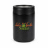 A black drink bottle with a logo featuring palm trees and text in orange and green.