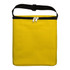 A yellow zippered tote bag with a black strap and a front pocket. It has a simple, solid design.