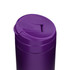 A purple coffee cup with a secure lid and a drinking opening, featuring a smooth finish and a logo.