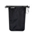 A black waterproof pouch with a clip and a drawstring closure, featuring a logo at the top.