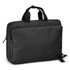 A black laptop bag with dual handles and a detachable shoulder strap, featuring a front zipped pocket and a smooth finish.