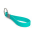 A turquoise silicone strap keytag featuring a metal keyring. The strap has a textured design and includes a logo.