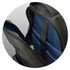 A grey backpack with blue interior compartments and padded sections. It features a logo.