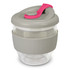 A drink bottle with a transparent glass body, grey silicone sleeve, and a pink lid. It features a logo.