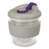 A drink bottle featuring a grey and clear design with a purple lid and a silicone grip. It has a logo present.