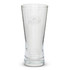 A clear glass beer glass with a tapered design and an etched logo on the front.