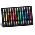 A display stand featuring twelve colourful pens arranged in a black holder, each with a silver clip and barrel.