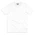 A plain white women's T-shirt with a round neckline and short sleeves, featuring a logo tag.