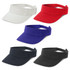 A collection of five sun visors in white, red, purple, and black, featuring adjustable straps and a logo.