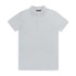 A plain white men's polo shirt with a collar and a logo on the chest.