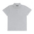 A grey women's polo shirt featuring a classic collar and three-button placket, with a branding logo.