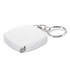 A white tape measure key ring with a silver keychain attachment.