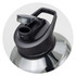 A drink bottle in silver with a black lid and handle, featuring a cap and spout design. It has a logo on the lid.