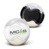 A pencil sharpener with an eraser, featuring a clear and black design, includes a logo on the casing.