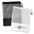 A black and white drawstring mesh bag featuring a logo and a white mesh section at the top.