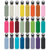 A drink bottle collection featuring various colours, each with a black carry lid and a logo.