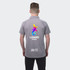 A grey men's polo shirt featuring a colourful logo on the back and the name "JAMES."