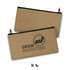 A kraft pencil case in a brown hue featuring a logo on one side, with a zip closure at the top.