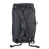 A black duffle bag with adjustable straps and a textured surface, featuring a logo.