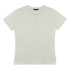 A light grey women's t-shirt with a v-neck design, featuring a logo on the neckline.