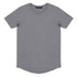 A grey men's t-shirt with a round neck and short sleeves, featuring a slight curved hem and a logo.