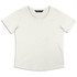 A white women's T-shirt with a round neckline and short sleeves, featuring a logo on the label.