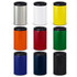 A collection of ten vacuum stubby coolers in various colours: silver, white, yellow, orange, red, green, navy, and black, with black tops.