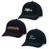 Three black caps with varying embroidery designs and stitching colours, featuring a logo on the top left cap.