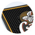 A large PVC bar runner in black with a textured surface and a decorative logo design in gold and white.