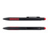 A black stylus pen featuring red accents and a textured grip, with a logo visible on its surface.