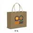 A jute tote bag in tan with two handles and a logo featuring speech bubbles.