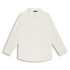 A light-coloured button-up poplin shirt with a collar and long sleeves, featuring branding.