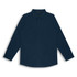 A navy blue button-up shirt with long sleeves and a pointed collar, featuring a logo on the front.