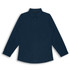 A navy blue long-sleeve women's poplin button-up shirt with a collar and a logo.