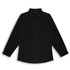 A black button-up women's poplin shirt with long sleeves and a collar, featuring a logo.
