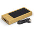 A bamboo solar power bank with a sleek design and a USB charging cable, featuring a dark solar panel on top.