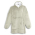 A soft, light green blanket hoodie featuring a large front pocket and a cosy, lined hood. It has a branding logo.