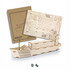 A wooden model of a cargo ship in a natural finish, alongside its assembly instructions, featuring a branding logo.