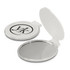A compact mirror in white, featuring a reflective surface and a logo on the exterior.
