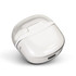 A pair of white Bluetooth earbuds in a translucent charging case with a USB-C port.