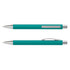 A teal plastic pen with a silver clip and accents, featuring a smooth, soft-touch grip. It has a branding logo.