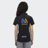A women's black polo shirt with colourful branding on the back and contrasting side panels.