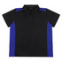 A black polo shirt with blue side panels and a collared neckline, featuring buttons and a logo.