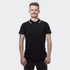 A black polo shirt with white accents, featuring a collar and short sleeves, worn by a man.