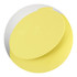 A yellow silicone bowl lid featuring icons indicating it is dishwasher and microwave safe. It has a smooth surface and rounded shape.