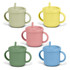A drink bottle set featuring five sipper cups in green, yellow, pink, and blue with handles and straws.