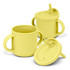 A drink bottle in bright yellow, featuring a straw and handles, designed for children. It includes a lid and has a logo.