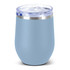 A drink bottle in light blue with a stainless steel base and transparent lid, featuring a logo.