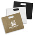 A set of large die cut paper bags in black, white, and brown, featuring a logo on the front of each bag.