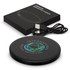 A black wireless charger with a circular design, accompanied by a USB cable and a branded packaging box.